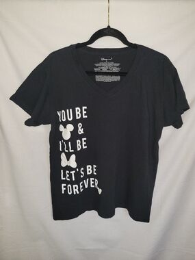 Disney Black V-Neck Tee with White Text & Icons